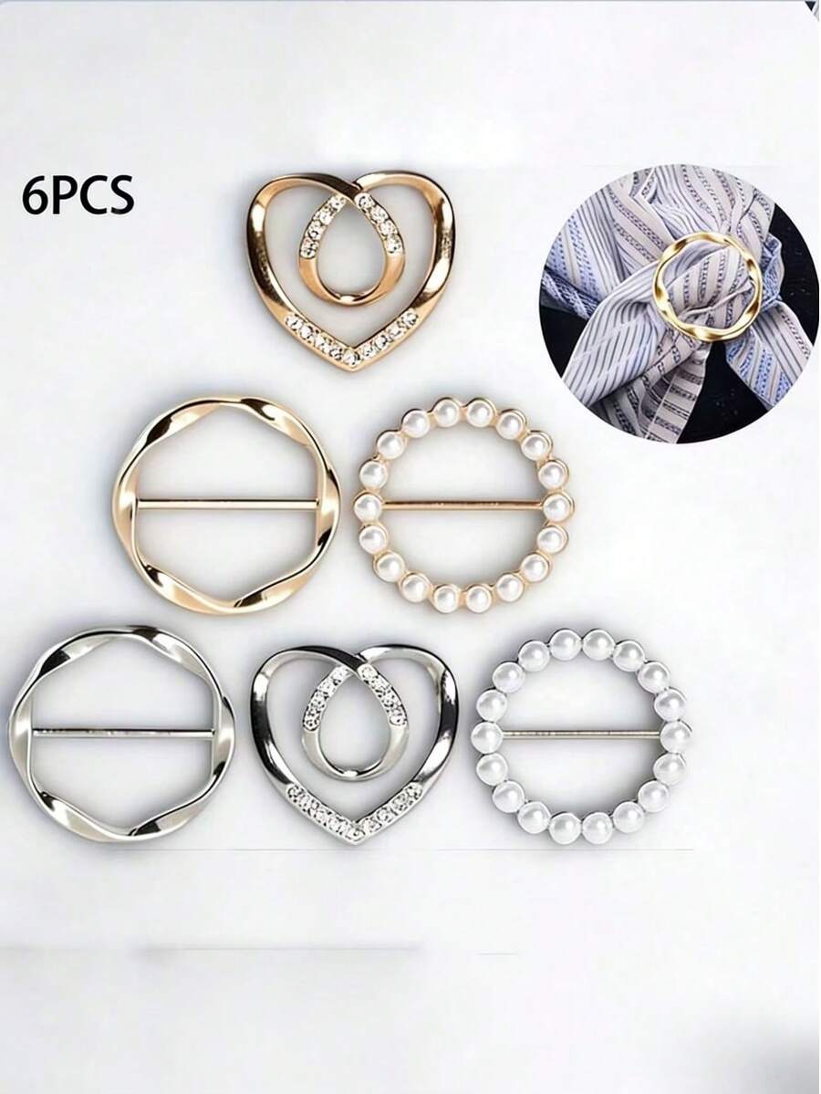 6pcs Silk Scarf Rings, T-Shirt Clips, Fashion Metal Ring Dress Clips, Waist Cincher Buckles, Clothing Ring Wraps - Multicolor - View 1