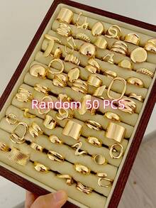 50/20/10/3pcs Women's Vintage Fashion Gold Shiny Chunky Asymmetrical Geometric Liquid Shape Ring Set, Luxury Stackable Rings Suitable For Daily Wear, Parties, Dates And Other Occasions, Versatile Accessory, Great Gift For Her - Yellow Gold - View 9