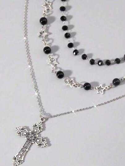 Set de 3 collares góticos vintage negros con cuentas, collares gargantilla con colgante de cruz, estilo punk rock retro y gótico, estilo europeo y americano Y2K
