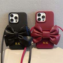 Customized Letter Name Faux Leather Bow Crossbody Card Holder Lanyard Phone Case, Compatible With Apple, Suitable For Daily Use And Outdoor Carrying, Shockproof, Anti-Drop, Anti-Scratch Card Slot Phone Case, Great Birthday Gift, Christmas Gift, Personalized Gift For Women - Black - View 5