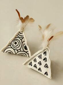 Handmade Random Cat Toys | Thickened Durable Anti-Scratch Canvas | Geometric Triangle Cat Teaser Stick With Bells | Natural Feather Cat Wand - Random Color - View 5