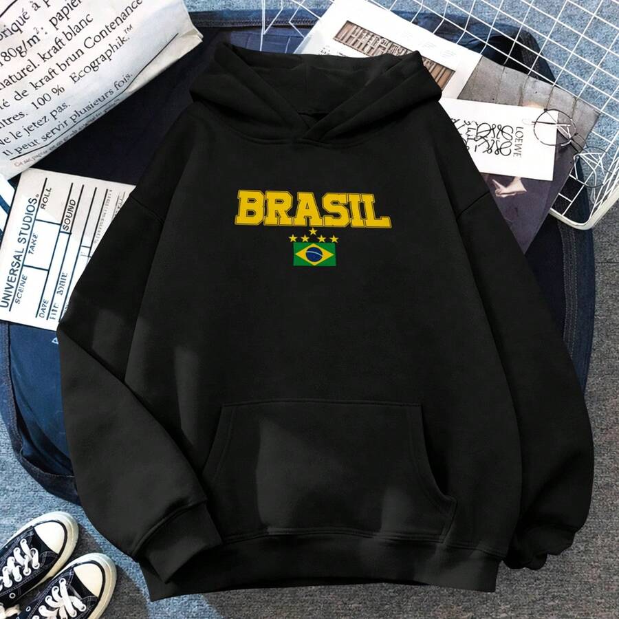 Women's Kangaroo Style Fleece Sweatshirt With Brazil Champion Print, Comfortable Cotton With Pocket, Warm, World Cup Style - 黑色 - 查看 1