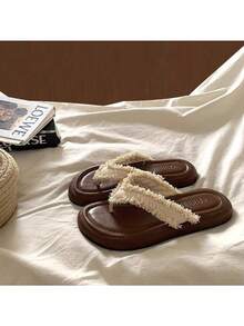 Women's Summer Flat One-Piece Slippers - Open Toe Sandals, Made Of Soft PU Material And Fabric With Tassel Decor. Featuring Lace Trim And Decorative Details On The Vamp, Paired With Rubber Outsole For A Perfect Fit. Suitable For Vacation, Outdoor Activities, Home Wear, Cocktail Parties And Daily Outdoor Events. Brown Beach Style Open Toe Sandals. Runs One Size Larger, Suitable For Wide Feet. - Beige - View 17