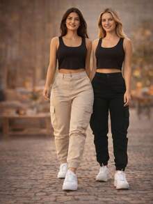 Stillger Moda Jeans Kit 2 Women's Cargo Jeans Jogger High Waist Butt Lifting Premium Pants With Lycra Side Pockets - 米色和黑色 - 查看 1