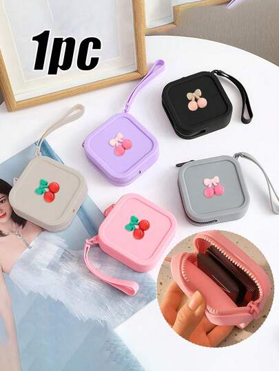 Mini Silicone Cosmetic Bag With Cherry Decoration,Multi-Purpose Small Square Pouch Wrist Bag,Earphones Mobile Data Cable Storage Bag, For Necklaces, Rings, Keys, Earphones, Data Cables, Cards,Suitable For Commuting To Work, Business Trips, Outings, Vacations, Mother's Day Gifts,Wedding Gifts