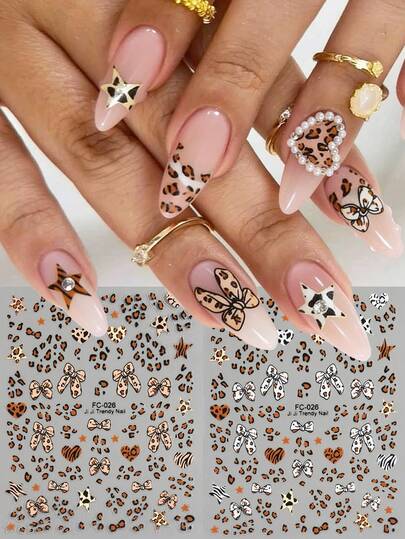 2pcs Leopard Print Nail Art Stickers , Self - Adhesive, Leopard Bows & Leopard Heart For A Glitch - Cute Manicure, DIY Decor For Women & Girls,Ideal For Party Nails,Perfect For Nails DIY