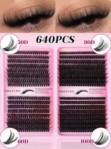 DIY 800/640 Eyelash Extension Kit (50D+60D+80D+100D) - Large Capacity Combination Eyelash Kit. Includes Single Eyelash Extensions (10-16mm), Voluminous D-Curl, Mini Travel-Friendly Voluminous Eyelash Kit. Includes DIY Eyelash Extension Clusters, Single Eyelashes, And False Eyelashes. - D - View 2