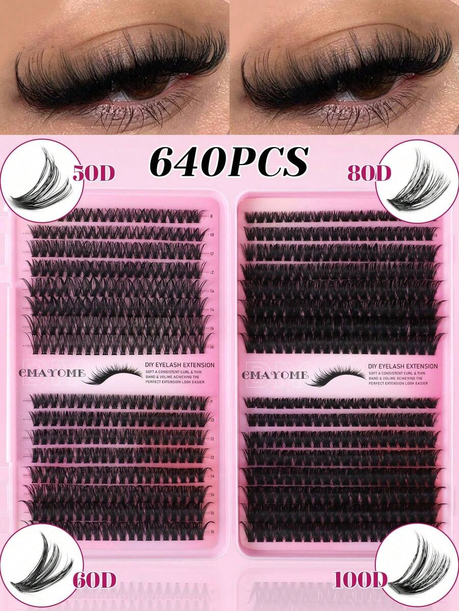 DIY 800/640 Eyelash Extension Kit (50D+60D+80D+100D) - Large Capacity Combination Eyelash Kit. Includes Single Eyelash Extensions (10-16mm), Voluminous D-Curl, Mini Travel-Friendly Voluminous Eyelash Kit. Includes DIY Eyelash Extension Clusters, Single Eyelashes, And False Eyelashes.
