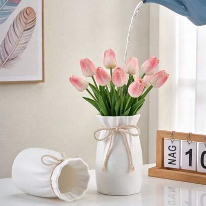 防震塑料花瓶，北欧风格奢华花瓶，配以黄麻绳和蝴蝶结装饰，家居/餐桌装饰，露营户外插花工具，简约白色花瓶，适合郁金香，易于清洁且防水