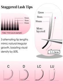 CoMango 12 Pairs LC Curled Thin 3D/5D/6D Fairy Eyelash Extension Set, Wet Lash Cluster Fan-Shaped Pre-Made Lashes, 5D Floral Mink False Eyelashes, Makeup Supplies - LC - 查看 2