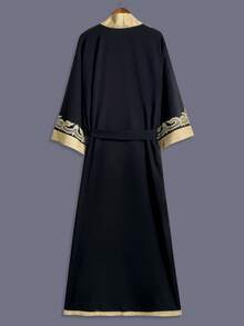 复古佩斯利印花长袖和服罩衫，轻便休闲女式外套，优雅波西米亚风格，适合派对、海滩、旅行、度假，宽松长袍配腰带，节日服装，黑色 - 黑色 - 查看 2