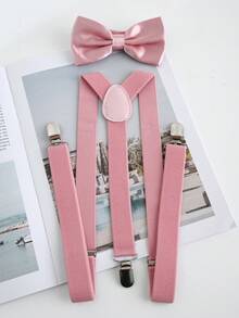 1 pièce Clip de bretelle de couleur unie pour homme + 3 pièces Nœud papillon de style vintage britannique Bretelles de pantalon antidérapantes - Vieux Rose - Voir 1