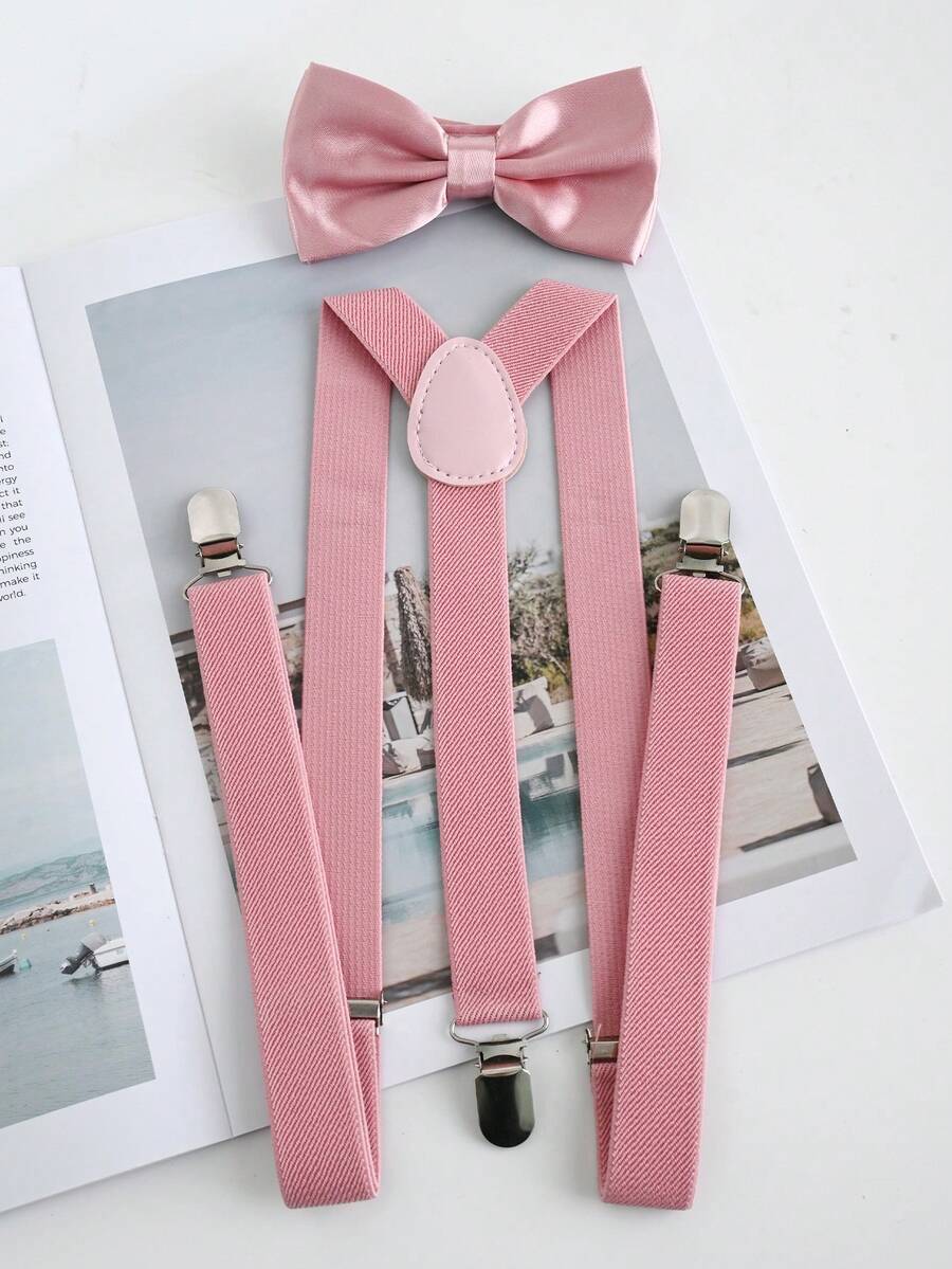 1 pièce Clip de bretelle de couleur unie pour homme + 3 pièces Nœud papillon de style vintage britannique Bretelles de pantalon antidérapantes - Vieux Rose - Voir 1
