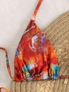 3pcs Women's Sexy Floral Print Bikini Set With Tie-Up Back And Mesh Skirt, Summer Vacation Beach - Màu xanh lam - Xem 11