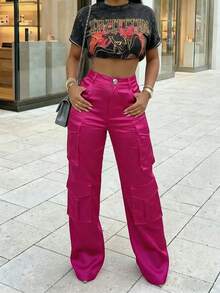 Women's Satin Cargo Pants, High Waist Wide Leg Pockets, Suitable For Party, Nightlife And Casual Street Wear Spring - Hot Pink - View 2