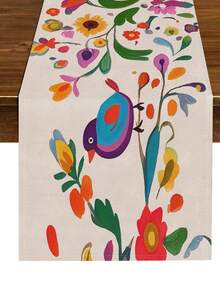 1 件彩色鸟花图案桌旗，农舍风格家居装饰，适用于餐厅、厨房、派对 - 彩色 - 查看 5