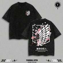 Anime Wings Of Freedom Washed Graphic Tee Unisex Loose Casual Street Style Top - Black - View 7