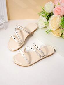 1 Pair Girls' Triple-Strap Studded Slide Sandals For Edgy Casual Summer Wear - Apricot - View 1