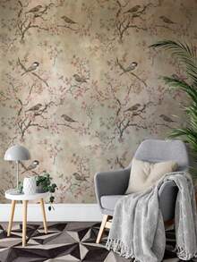 Elegant Chinoiserie Cherry Blossom Wall Mural Soft Pastel Birds & Flowers Botanical Wallpaper - A - View 2