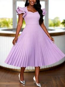AOMEI Women's Elegant Purple Pleated A-Line Dress, Heart-Shaped Neckline, Layered Ruffle Sleeves, Mid-Length, Suitable For Wedding Guests, Parties, And Formal Events - Lilac Purple - View 6
