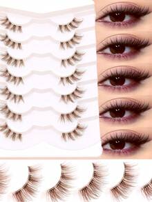 7 Pairs Brown Half-Winged False Eyelashes, C-Curl Voluminous & Natural, Suitable For Parties, Travel, Daily Makeup - Brown - View 1