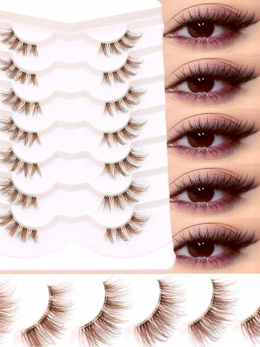 7 Pairs Brown Half-Winged False Eyelashes, C-Curl Voluminous & Natural, Suitable For Parties, Travel, Daily Makeup - Brown - View 1