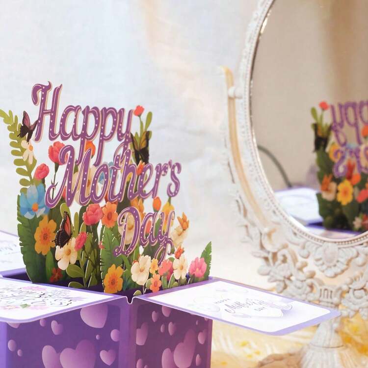 1pc Elegant Purple Mother's Day Card | 3D Carved Boxed Card With Envelope, Floral Theme, Paper Material, English Version, Anniversary Card, Mother's Day Gift For Women, Mother And Wife - A - View 5