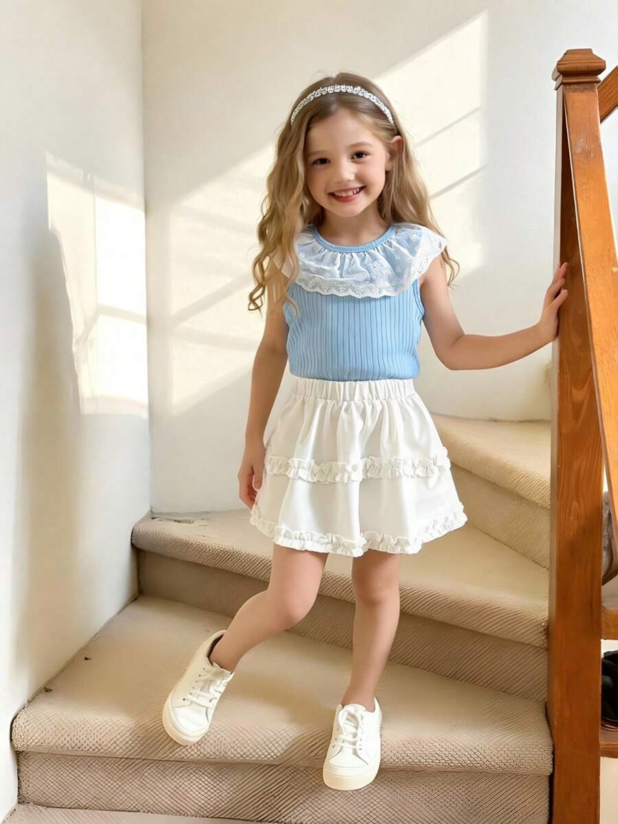 2pcs Girls Casual Sleeveless Embroidered Collar Ribbed Tank Top And Elastic Waist Short Loose White Skirt Set - Blue - View 1
