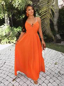 AIJ AmariloSexy Boho Casual Long Dress Featuring A Sleeveless Design With Spaghetti Straps And Backless Details Perfect For Summer Parties - Orange - View 6