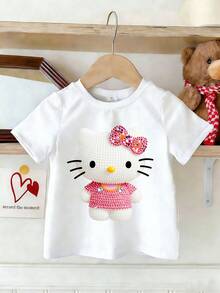 Sanrio Summer Casual Short Sleeved Baby Girl Clothing With Hello Kitty Printed Pattern Design Round Neck Baby T-Shirt, Girl Pullover, Children's Pattern T-Shirt Pullover, Local Warehouse, Soft And Comfortable, Skin Friendly Fabric, Suitable For Babies To Wear - trắng - Xem 2