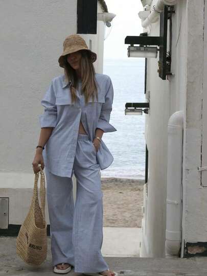 2pcs Women Striped Casual Elegant Pocket Front Button Drawstring Shirt And Long Pants Set, Suitable For Beach, Daily, Office, All Seasons Spring