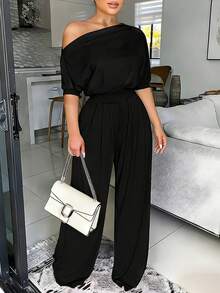ChicMe 女士不对称领口蝙蝠袖高腰连体裤，休闲短袖阔腿连体裤，优雅适合派对和办公场合穿着 - 黑色 - 查看 4