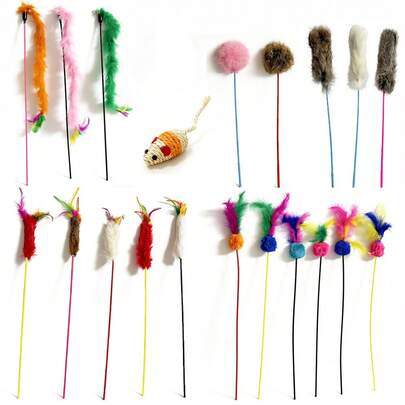 5pcs/Set Random Color Interactive Cat Toys Set, Assorted Styles Of Cat Wands, No Battery Included, Pet Supplies. This Cat Toy Set Is Made Of Artificial Feather Material, Suitable For Cats Of All Sizes, Meeting The Daily Play Needs Of Cats.