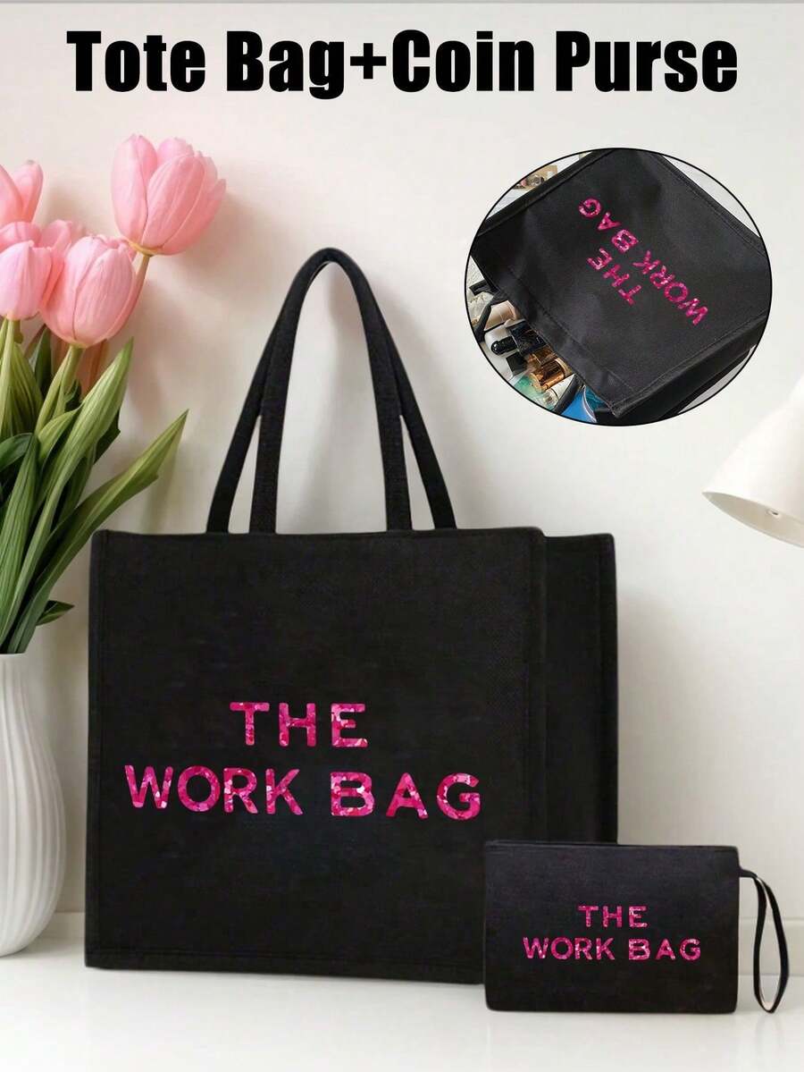 时尚大容量女士手提包，印有“The Work Bag”字样，多功能单肩包，可折叠耐用购物袋，便携手提包，女士化妆包，旅行洗漱包，春夏旅行必备，适用于办公、通勤、度假、购物等场合，是生日礼物、返校礼物、母亲节礼物、复活节礼物的理想之选。 - 彩色 - 查看 1
