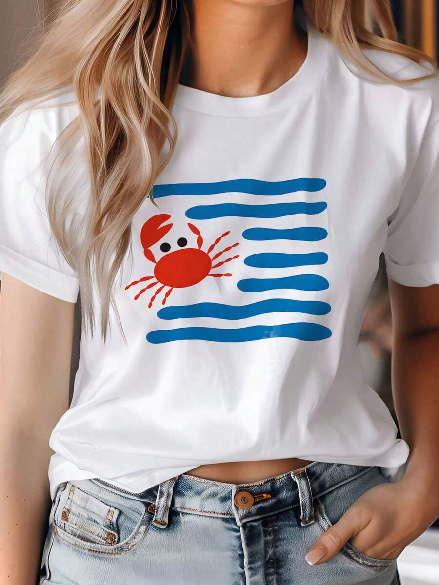 Women's White Short-Sleeved-Shirt With Red Crab Pattern And Blue Stripes -% Casual And Elegant Beachwear Top With Symmetrical Hem And Round Neck, Washable, Regular Fit Shirt, Suitable Spring, Summer, And Autumn, Casual Attire - 白色 - 查看 1