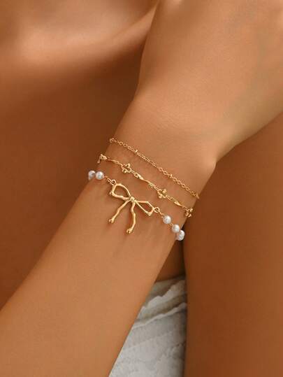 3pcs/Set Casual Chain Bracelet Set With Cute Bow Decor, Fashionable Versatile Jewelry Accessory Suitable For Commuting, Dating, And Photo Shoots. Handmade Chain Length And Bead Quantity Are Random.