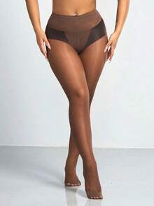 1 Pair Women's 20D Sexy Coffee Brown Pantyhose, Fashionable Minimalist Solid Color Sheer Tights - 黑色 - 查看 3