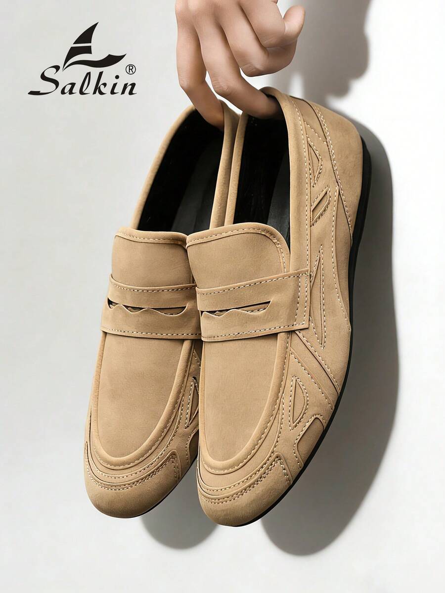 简约设计男士乐福鞋，柔软皮革鞋面，舒适透气，轻便优雅，尽显绅士风范。 - 卡其色 - 查看 1