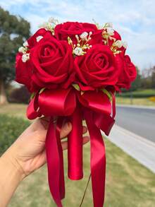 一套伴娘捧花 - 绿叶玫瑰蝴蝶结 - 婚礼抛捧花 - 浪漫伴娘拍照手捧花 - 户外婚礼新娘捧花，玫瑰花束可用作求婚和告白道具 - 适合豪华成人仪式和婚礼舞会 - 紅色 - 查看 6