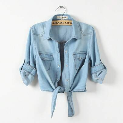 Popular Lace-Up Knotted Mid-Sleeve Denim Shirt With Shawl For Women, Korean Style, Short Thin Jacket