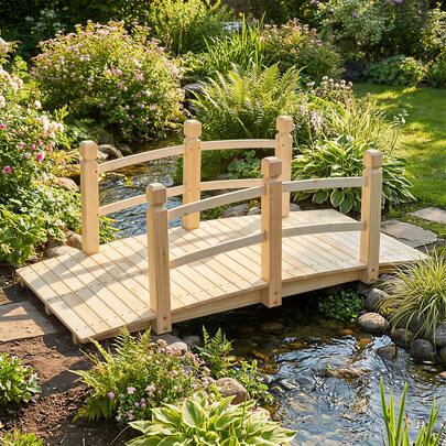  COSTWAY Wooden Bridge With Railing, Garden Fir Wood Bridge, Pond Bridge Loadable Up To 220 Lbs, Stable Decorative Bridge, Natural