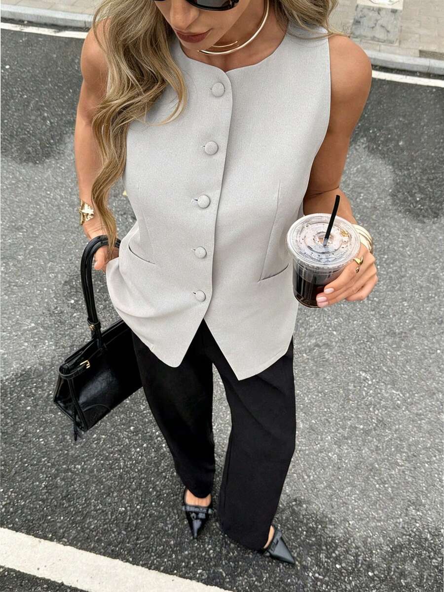 Women's New Solid Color Sleeveless Vest Top With Front Buttons, Elegant For Business, Commute, Casual, Holiday, Party, And Date Summer - Khaki - View 1