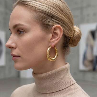 Yellow Shiny Polished Round Hoop Earrings, 2mm Tube For Women - Statement Thick Gold Hoops - Lightweight Dangle Earrings