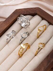 Set de 6 anillos de acero inoxidable con doble capa hueca y micro-incrustaciones de rhinestone, elegante y brillante, adecuado para uso diario, festivales, citas, regalo - Multicolor - Ver 1