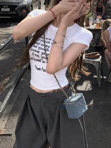 Women's Round Neck Short Sleeve T-Shirt, American Style Babe, Summer New Letter Print, Slim Fit Fashion Cropped Top Casual White - White - View 7