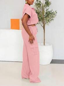 CALEBGAR Women's Cargo 2-Piece Set - Short Sleeve Button Crop Top & Wide Leg Pants |   Casual Tracksuit |   Streetwear Loungewear - Hồng - Xem 3