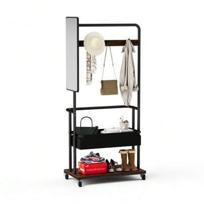 Sturdy Metal Clothes Rack With Wheels, 3-In-1 Design With Basket And Mirror, Clothes Hangers, Mobile Clothes Rack With Wheels, Spacious Wardrobe Rack, 70*40*170cm
