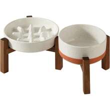 Ceramic Raised Slow Feeder Dog Bowl Set With Acacia Wood Stand - 2 x 香草白 + 支架 - C - 查看 10