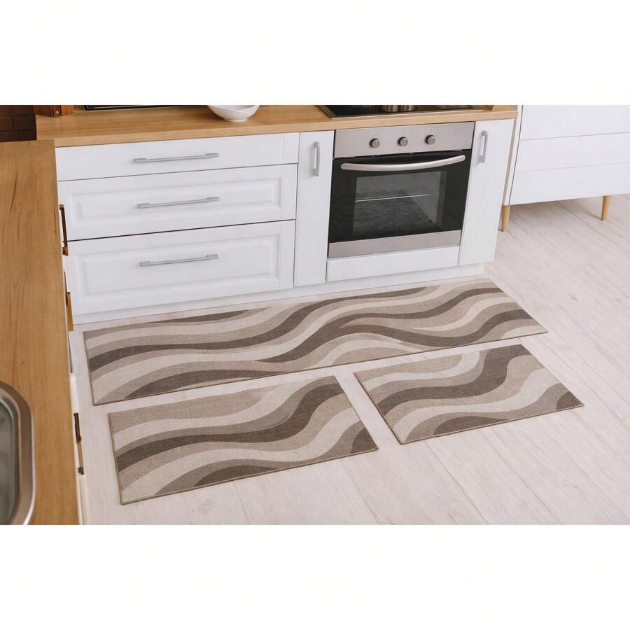 3-Piece Decorative Non-Slip Kitchen Runner Rug Set - 焦糖波浪 - 查看 1