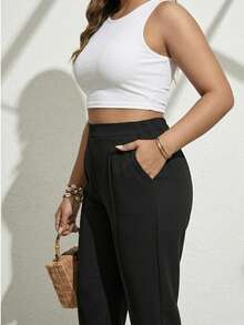 Pantalón de talla grande para mujer con detalles de bolsillo, de talla XL a 5XL, de tela suave - Negro - Ver 4